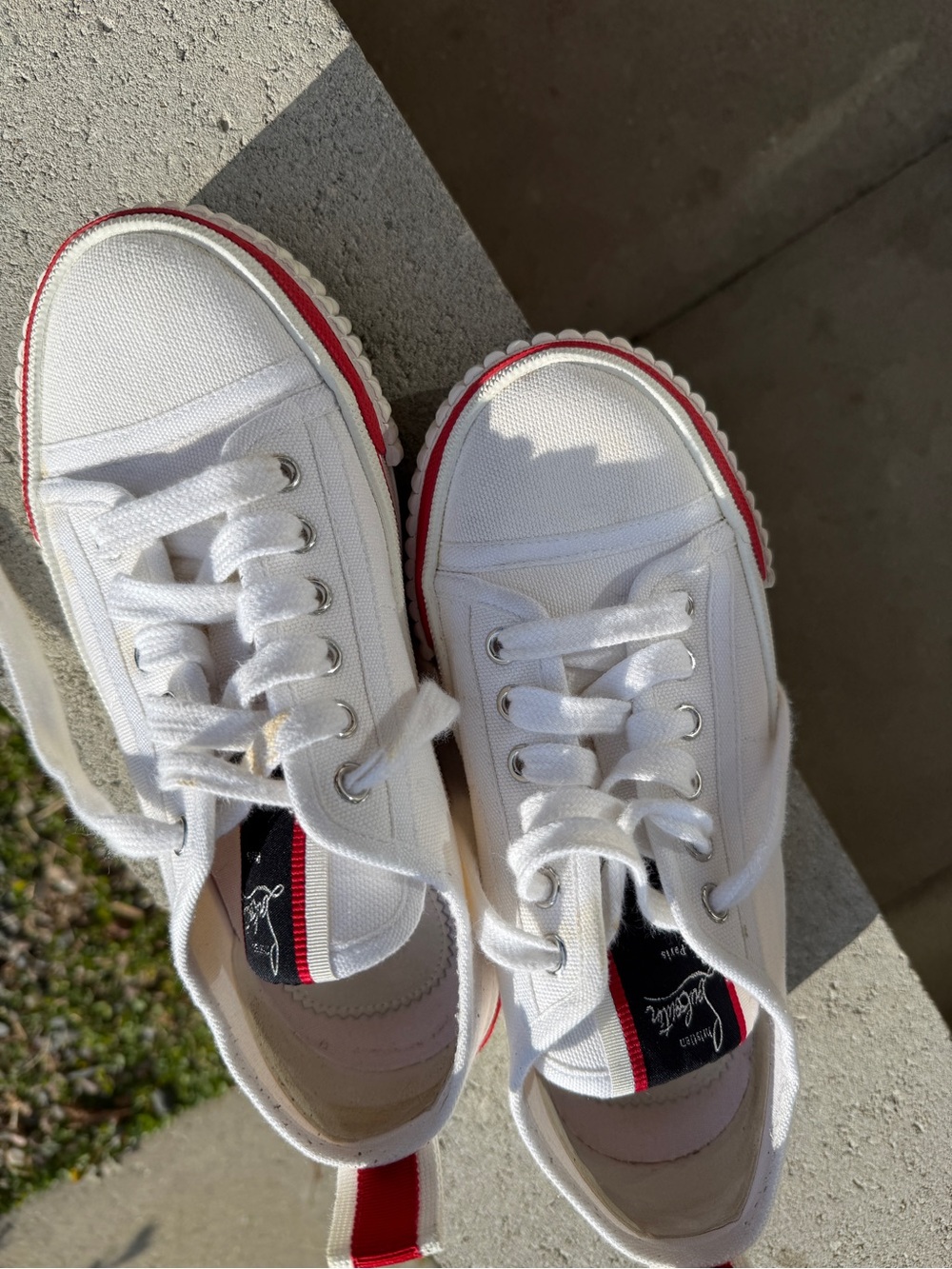 Christian Louboutin White Canvas Sneakers with Red Trim